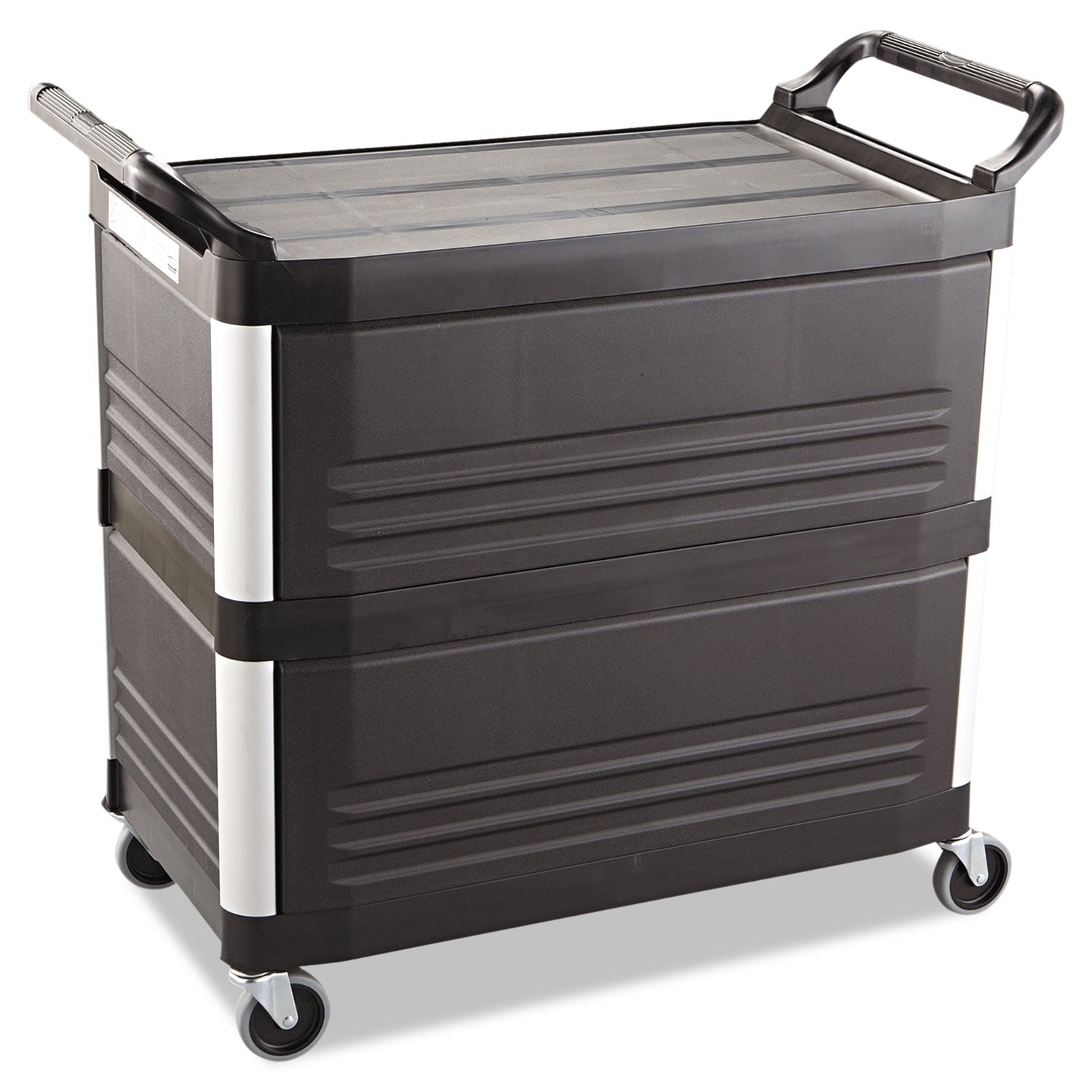 Rubbermaid Xtra Utility Cart with Enclosed Back/End Panels, Plastic, 3 Shelves, 300 lb Capacity, 20" x 40.63" x 37.8", Black