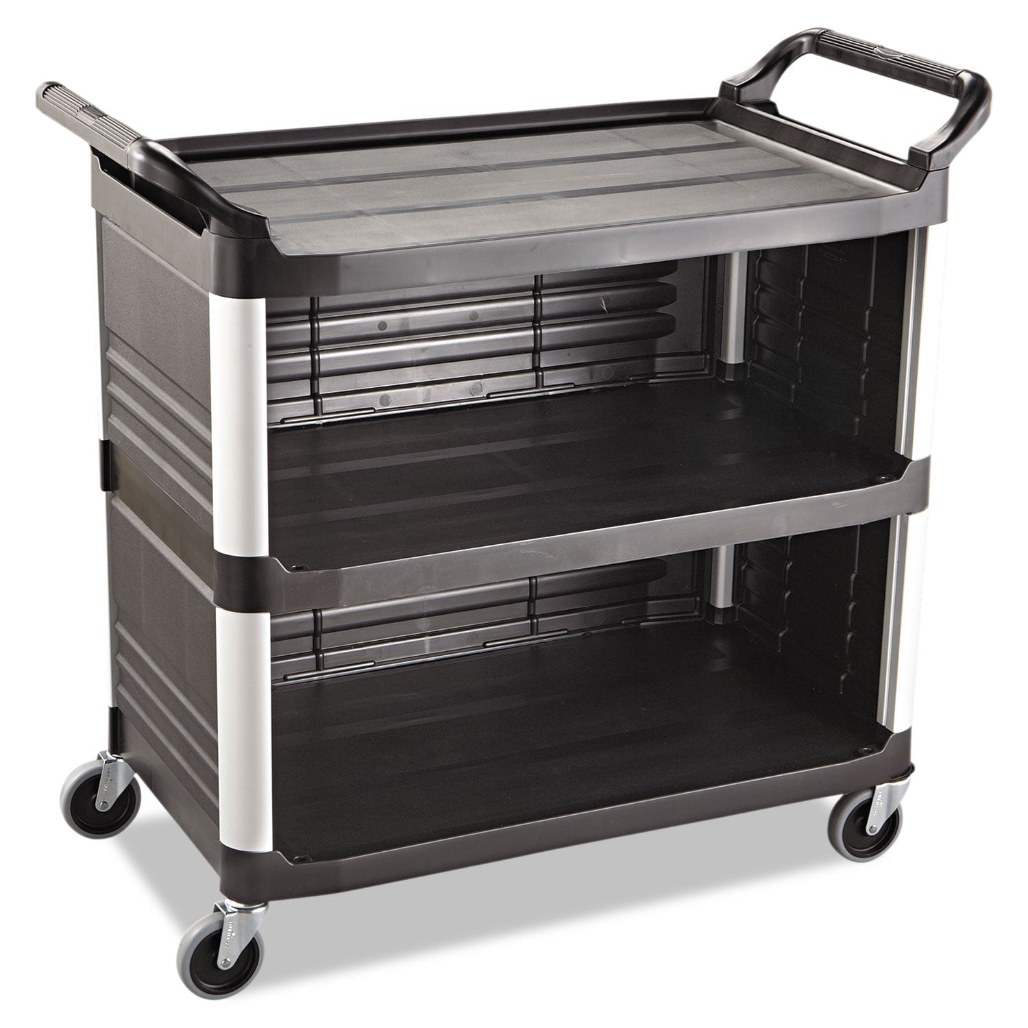 Rubbermaid Xtra Utility Cart with Enclosed Back/End Panels, Plastic, 3 Shelves, 300 lb Capacity, 20" x 40.63" x 37.8", Black