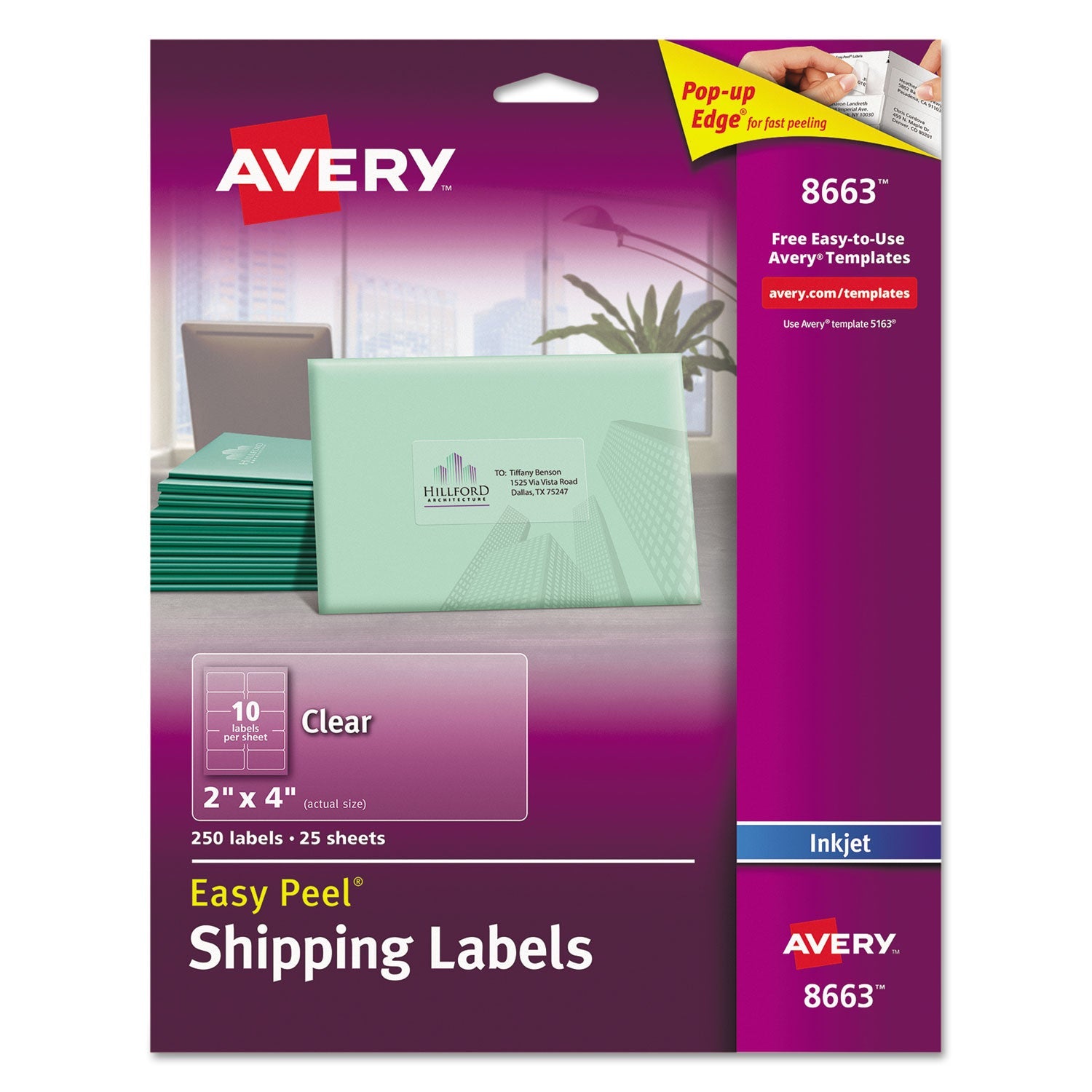 Avery Matte Clear Easy Peel Mailing Labels w/ Sure Feed Technology, Inkjet Printers, 2 x 4, Clear, 10/Sheet, 25 Sheets/Pack