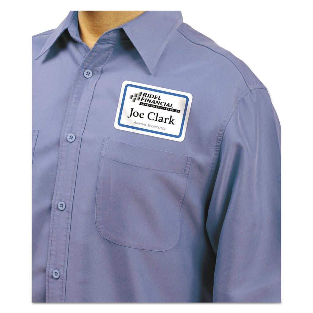 Avery Flexible Adhesive Name Badge Labels, 3.38 x 2.33, White/Blue Border, 400/Box