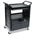 Rubbermaid Utility Cart with Locking Doors, Plastic, 3 Shelves, 200 lb Capacity, 33.63" x 18.63" x 37.75", Black