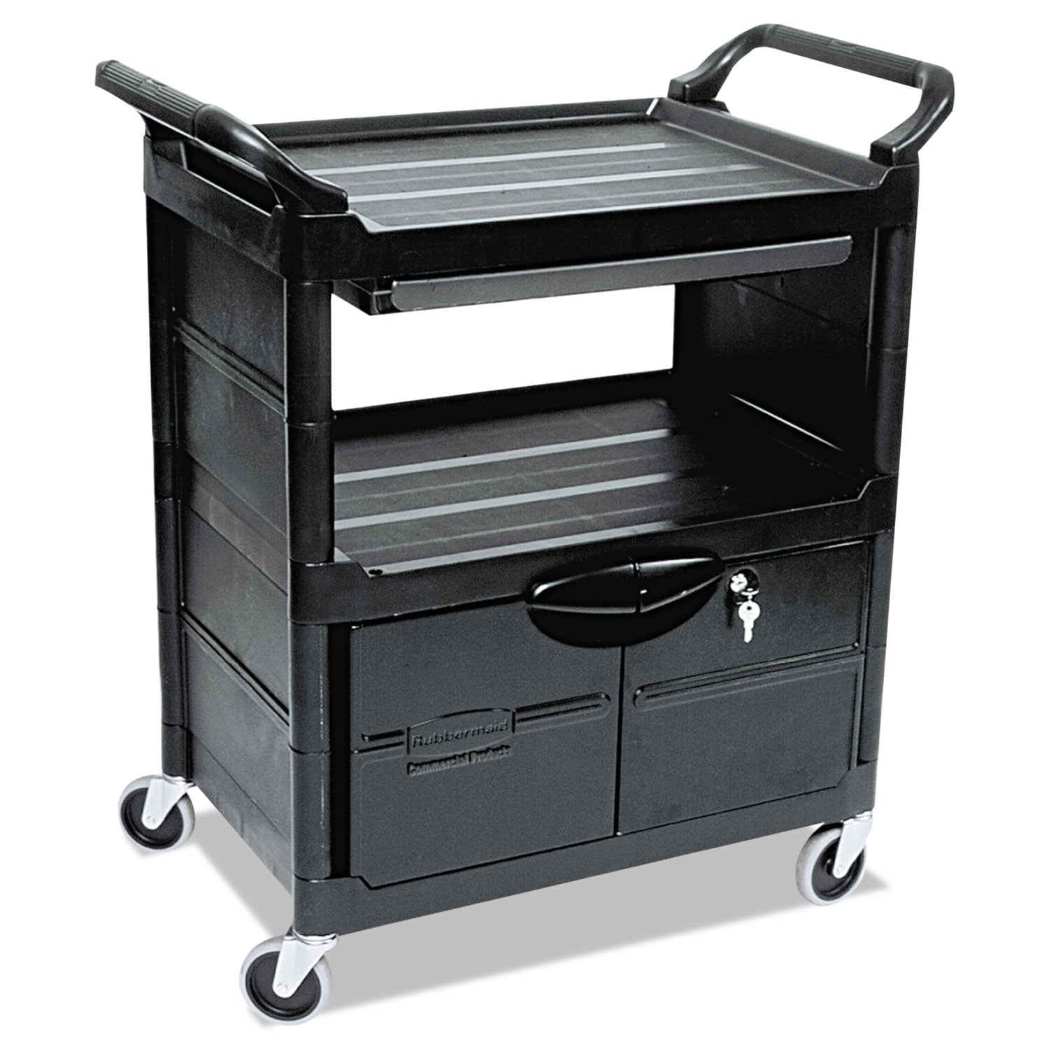 Rubbermaid Utility Cart with Locking Doors, Plastic, 3 Shelves, 200 lb Capacity, 33.63" x 18.63" x 37.75", Black
