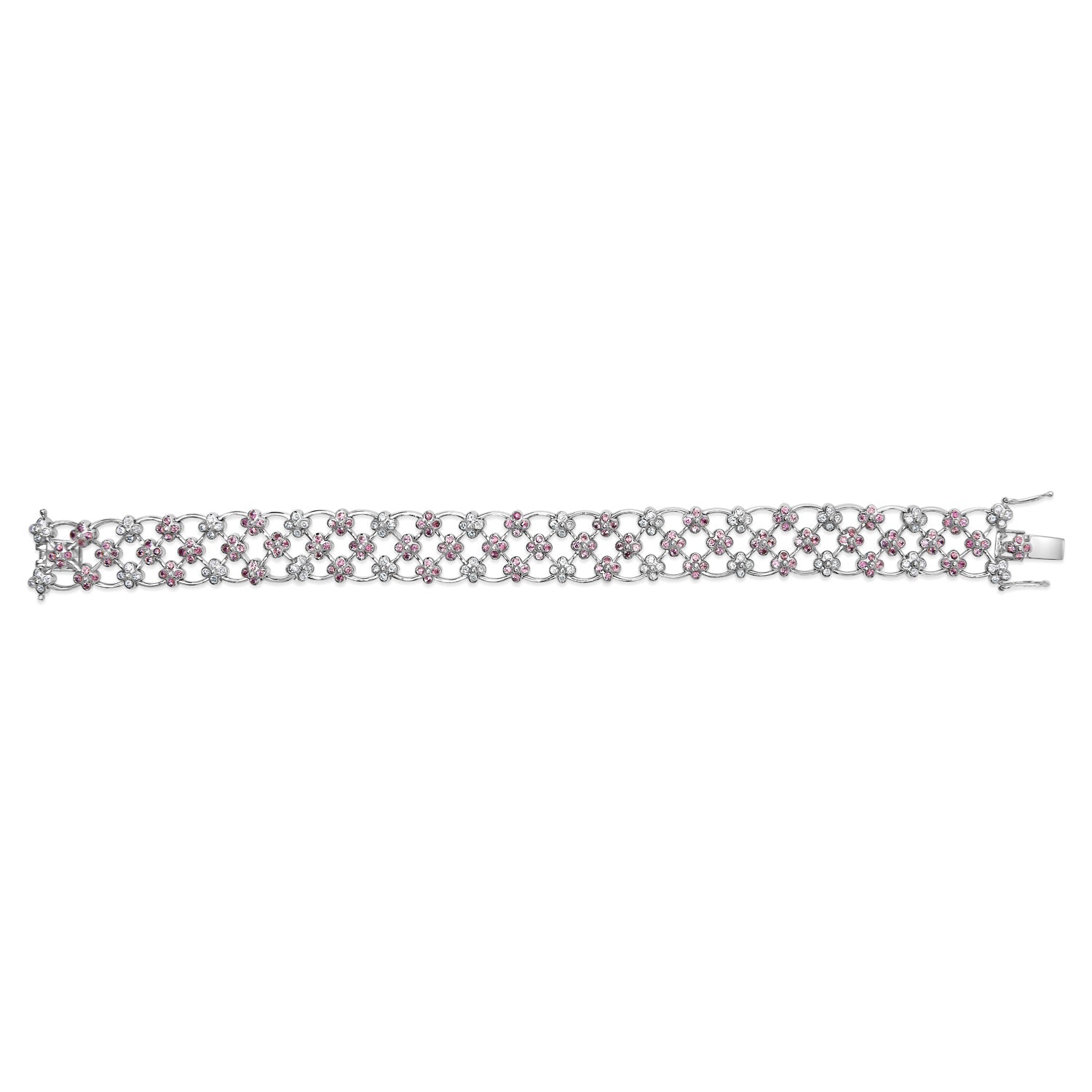 14K White Gold Pink Sapphire and Diamond Floral Lattice Link Bracelet - 7.25" Inches