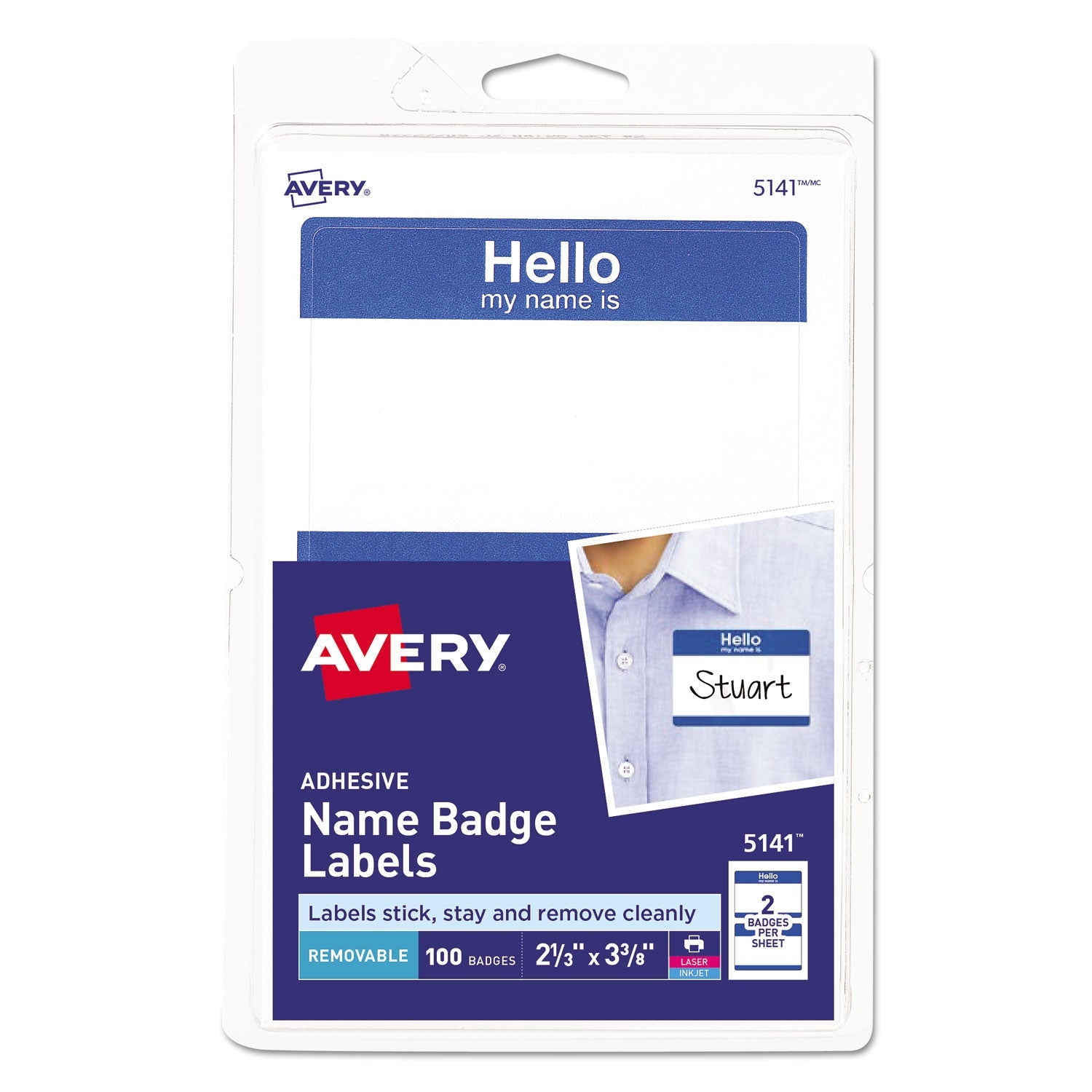 Avery Printable Adhesive Name Badges, 3.38 x 2.33, Blue "Hello", 100/Pack