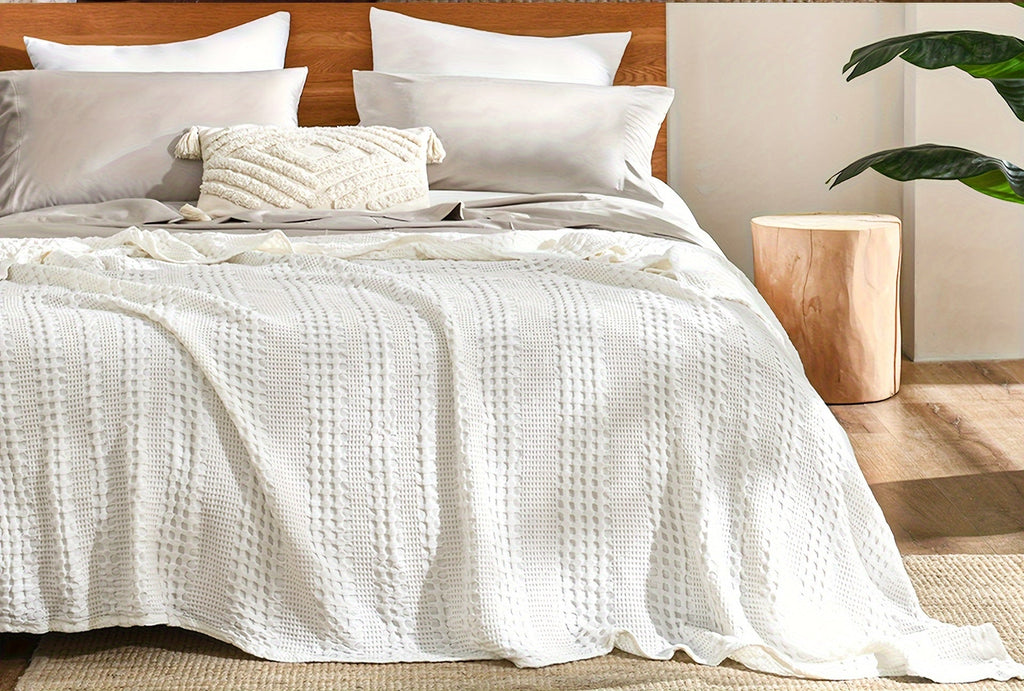 1 Pc Cooling Bamboo Fiber Cotton Blend Waffle Blanket - Lightweight Breathable Blanket For Hot Sleepers, Luxury Throws For Bed, Couch And Sofa