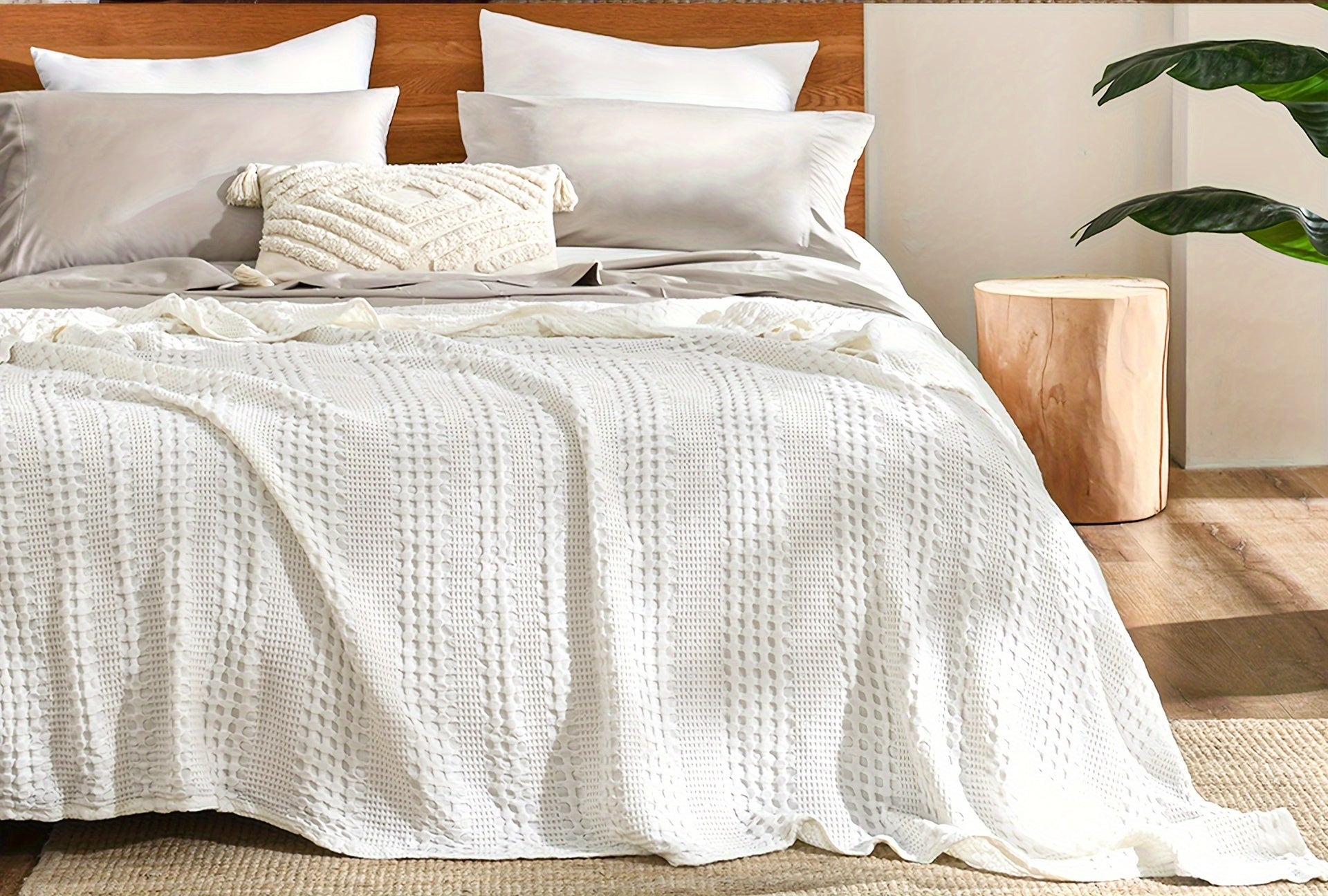 1 Pc Cooling Bamboo Fiber Cotton Blend Waffle Blanket - Lightweight Breathable Blanket For Hot Sleepers, Luxury Throws For Bed, Couch And Sofa