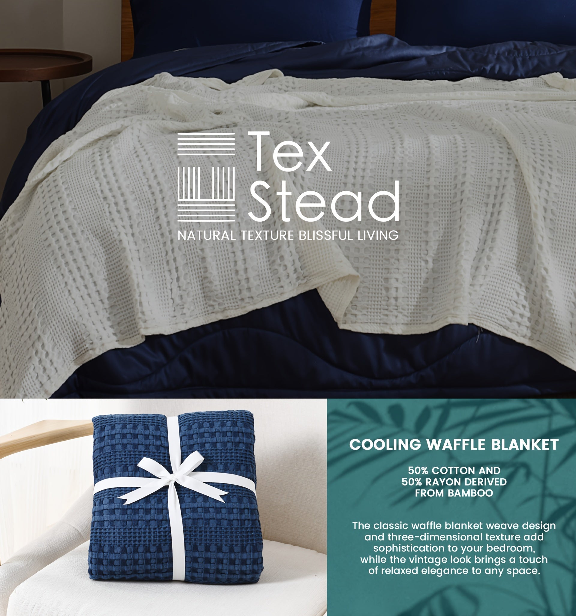 1 Pc Cooling Bamboo Fiber Cotton Blend Waffle Blanket - Lightweight Breathable Blanket For Hot Sleepers, Luxury Throws For Bed, Couch And Sofa