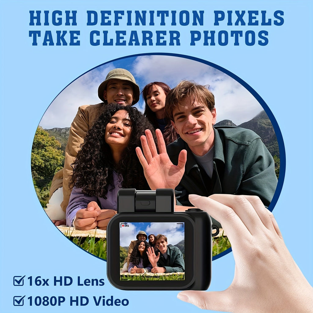 1080P HD Mini Digital Camera with LED Flash, Keychain Attachment, and 16GB Memory Card – Compact Retro Instant Camera for Travel, Holidays, and Everyday Use (White/Pink/Black), Mini Camera