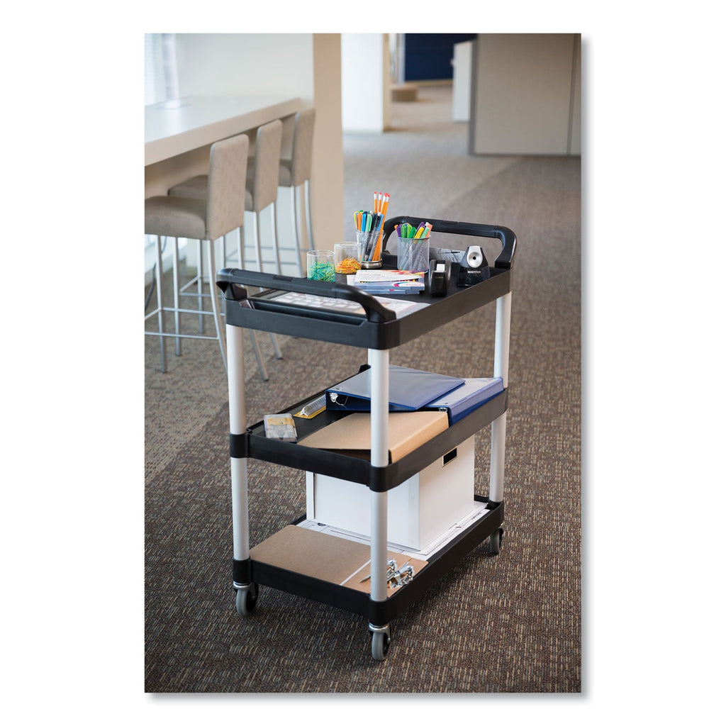 Rubbermaid Open-Side Utility Cart, Plastic, 3 Shelves, 300 lb Capacity, 40.63" x 20" x 37.81", Black