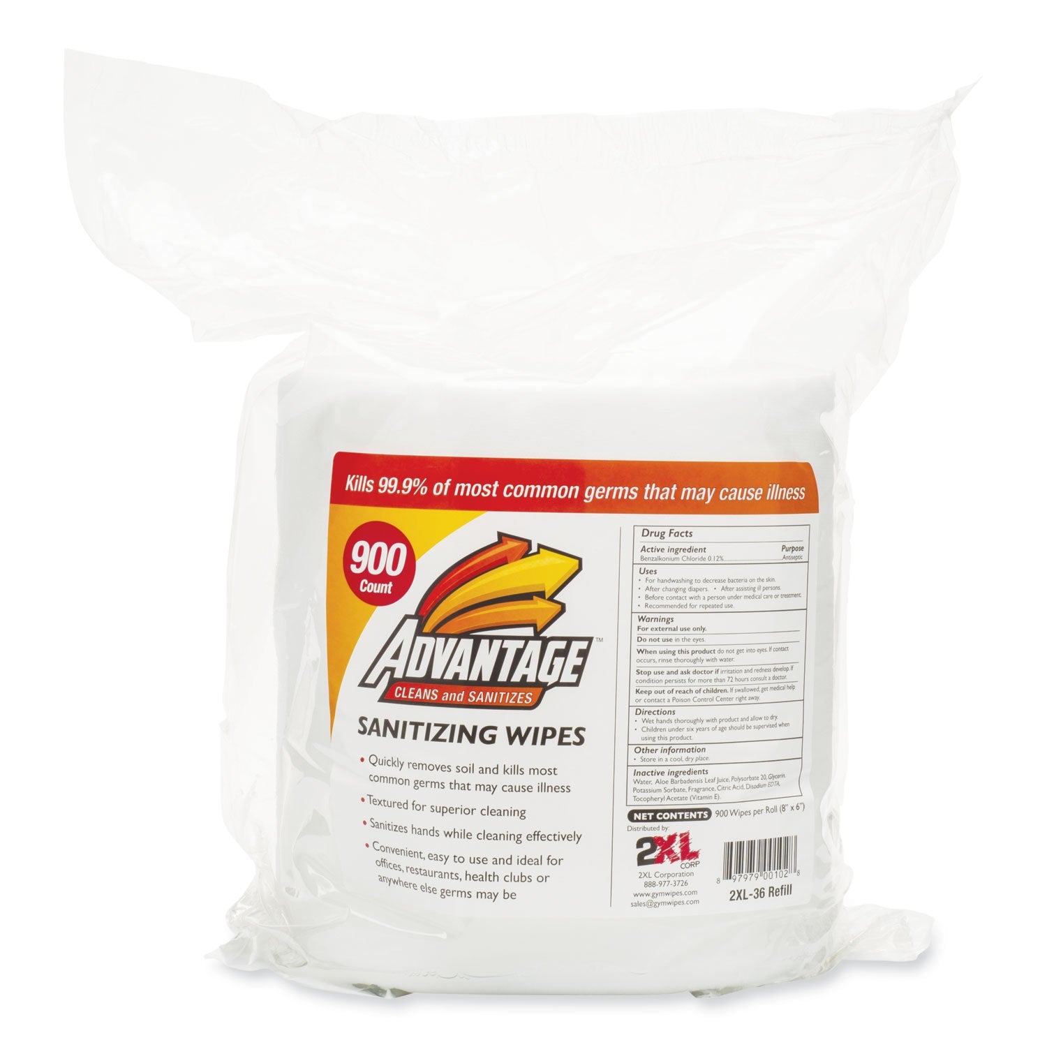 2XL Gym Wipes Advantage, 6 x 8, White, Unscented, 900/Roll, 4 Rolls/Carton