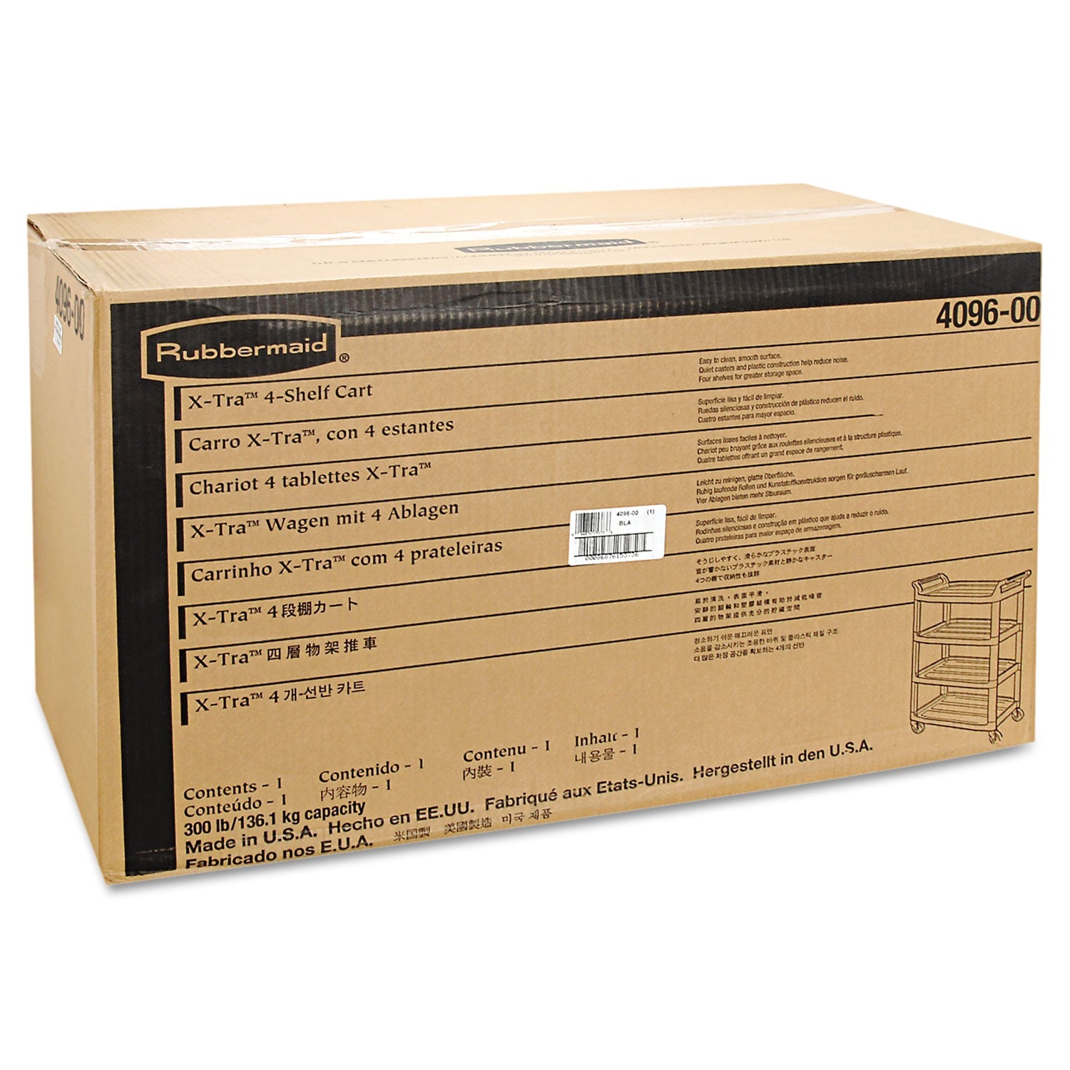 Rubbermaid Open-Side Utility Cart, Plastic, 4 Shelves, 300 lb Capacity, 40.63" x 20" x 51", Black