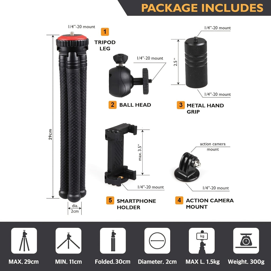 12" Flexible Mini Travel Tripod, Small Smartphone Holder For IPhone, Samsung Galaxy, GoPro Action Camera Mount, 360° Ball Head, Metal Hand Grip, Anti-Crack Camera Tripod For Canon Nikon, High-quality, Easy To Use