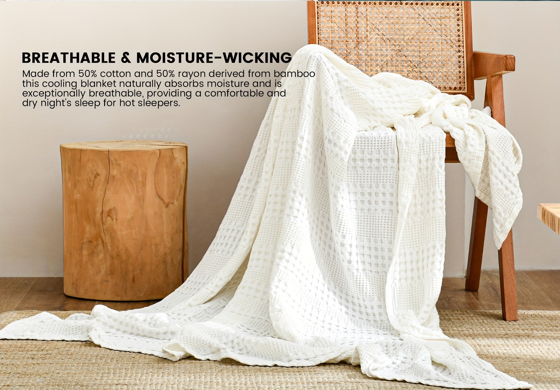 1 Pc Cooling Bamboo Fiber Cotton Blend Waffle Blanket - Lightweight Breathable Blanket For Hot Sleepers, Luxury Throws For Bed, Couch And Sofa