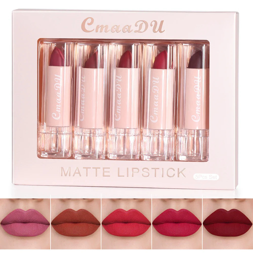 5 Pcs  Matte Lipstick Sets Lip Gloss Moisturizing Long-lasting Easy Makeup Fashion Classic Shades For Daily Date Exquisite Gift