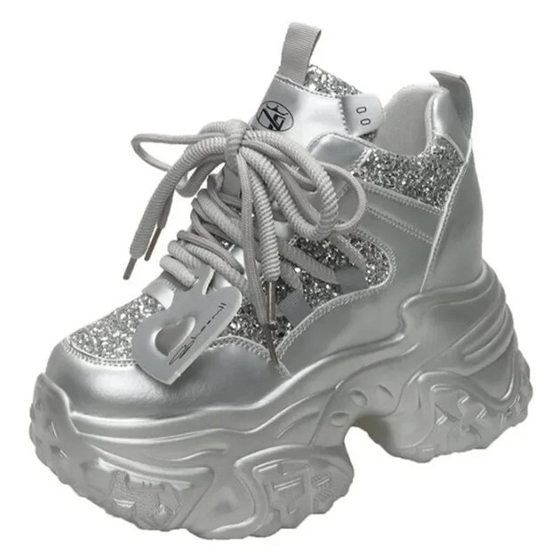 10.5CM Women Casual Platform Sneakers High Heels New Autumn Sports Leather Shoes Bling Trainers Chunky Sneaker Zapatos Mujer