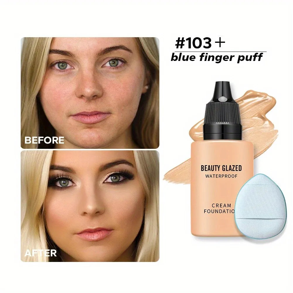 2024 New Foundation +Puff set Liquid Matte Full Coverage Foundation Waterproof Matte Natural Foundation With Blue Thumb Puff