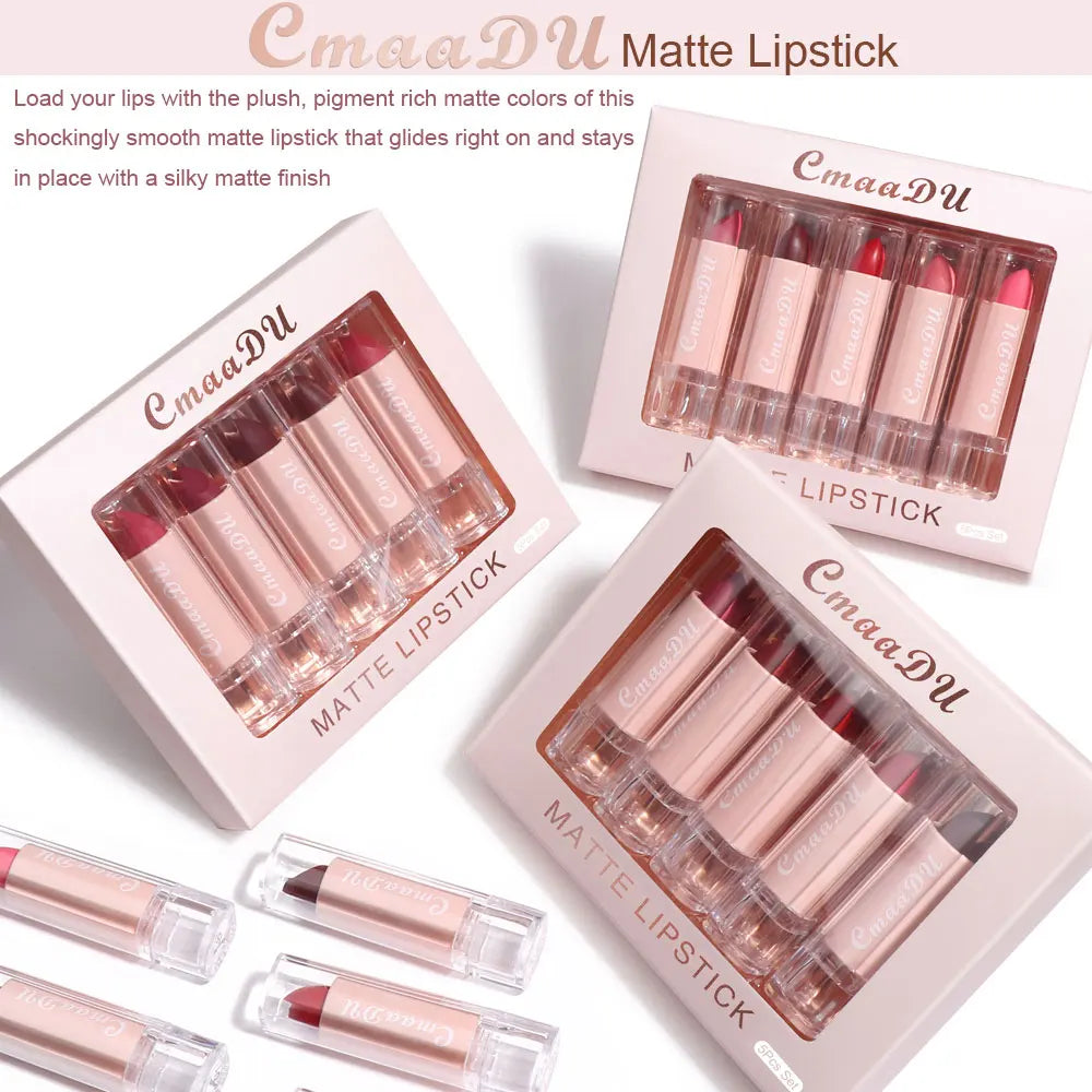 5 Pcs  Matte Lipstick Sets Lip Gloss Moisturizing Long-lasting Easy Makeup Fashion Classic Shades For Daily Date Exquisite Gift