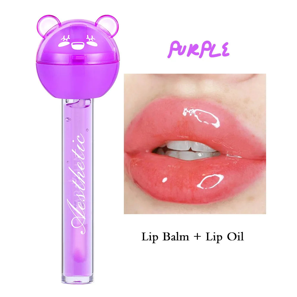2 In 1 Cute Lollipop Lip Gloss Moisturizing Lip Plumper Lip Balm Lipstick Mineral Oil Lip Nutritious Lips Care Makeup Cosmetics