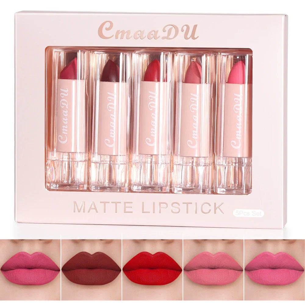5 Pcs  Matte Lipstick Sets Lip Gloss Moisturizing Long-lasting Easy Makeup Fashion Classic Shades For Daily Date Exquisite Gift