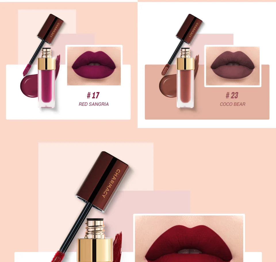 CHARMACY 8 Colors Lip Gloss Lasting Waterproof Velvet Moisturizing Liquid Lipstick Professional Non-stick Cup Lip Glaze Makeup
