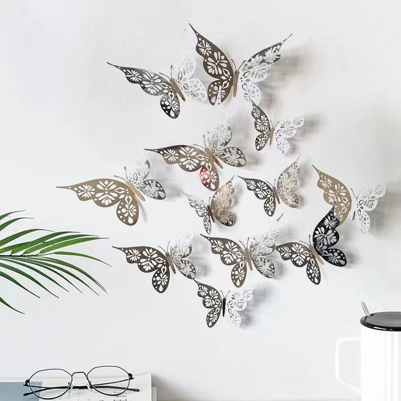 12 Pieces 3D Hollow Butterfly Wall Sticker Bedroom Living Room DIY Butterflies Art Wall Decor Wedding  Wallpaper Home Decoration