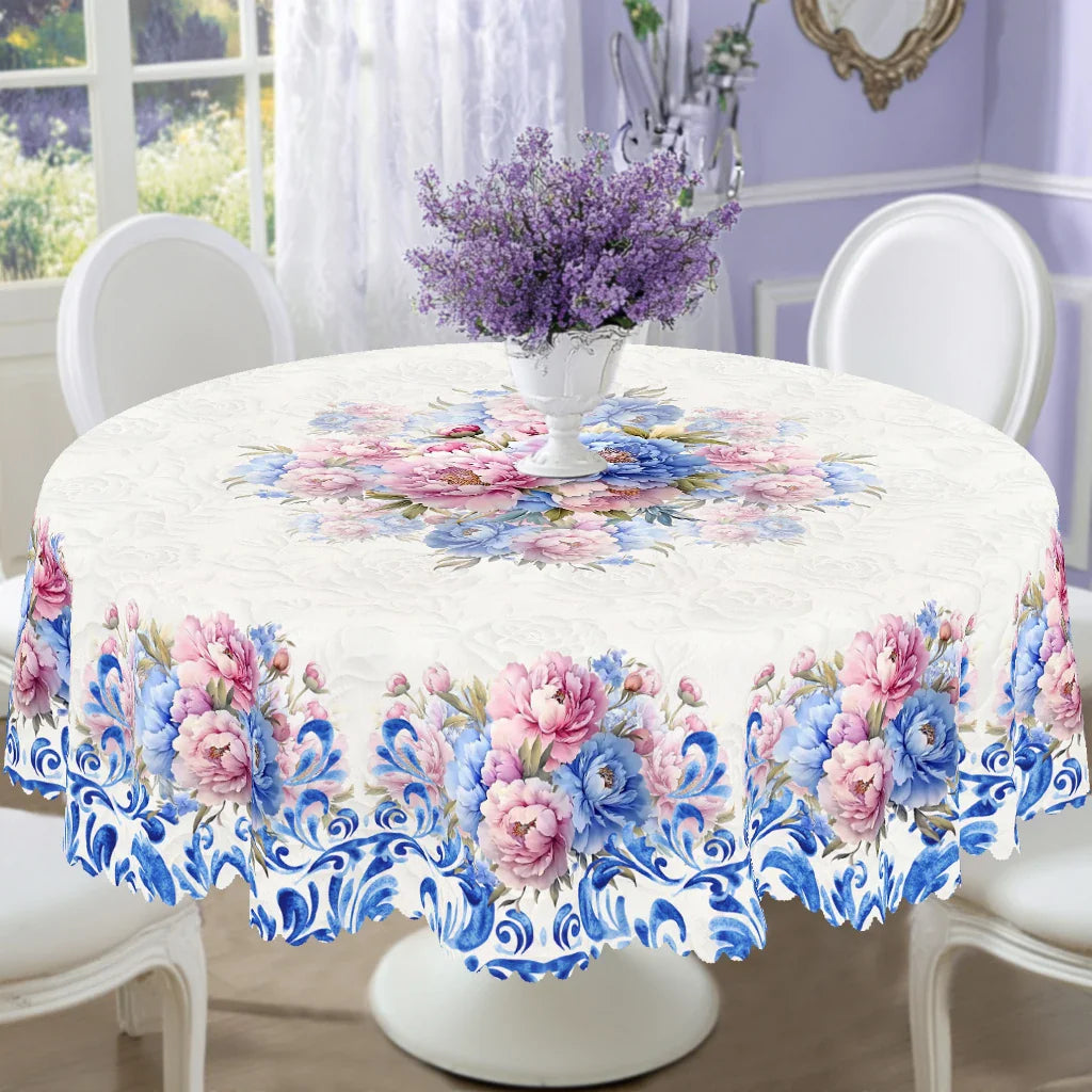 1 Piece of Floral Round Tablecloth, 5 Sizes Available, Blue Blue and White Porcelain Pattern Printed Tablecloth, Edge Embossing Process, Spring Garden Tablecloth Decoration, Tablecloth for Daily Home Kitchen, Terrace, Spring