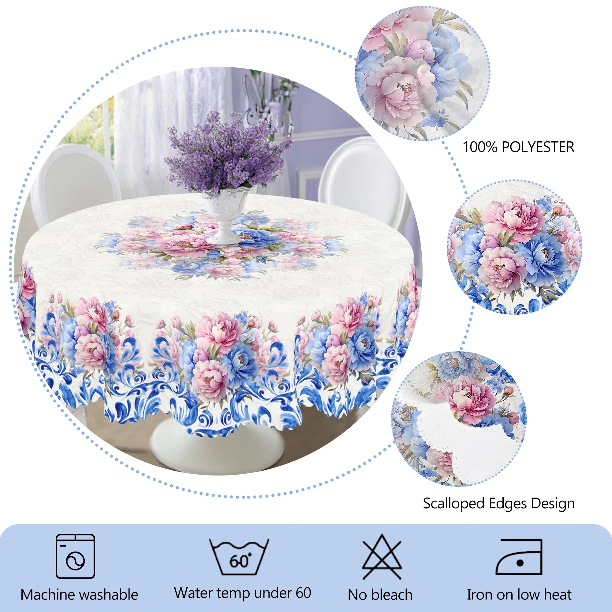 1 Piece of Floral Round Tablecloth, 5 Sizes Available, Blue Blue and White Porcelain Pattern Printed Tablecloth, Edge Embossing Process, Spring Garden Tablecloth Decoration, Tablecloth for Daily Home Kitchen, Terrace, Spring