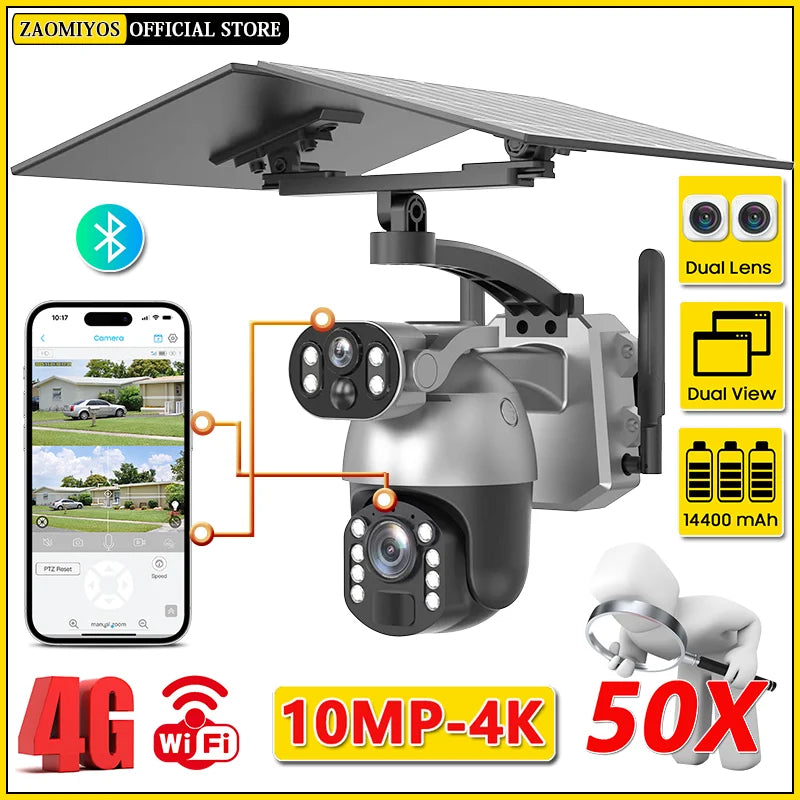 10MP 50x Zoom Dual Lens 4G SIM Solar Camera WIFI Outdoor Surveillance PTZ Human Detection Recording Security Night Vision Camera