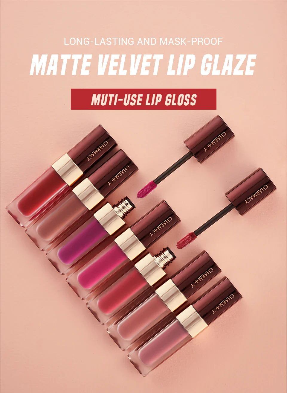 CHARMACY 8 Colors Lip Gloss Lasting Waterproof Velvet Moisturizing Liquid Lipstick Professional Non-stick Cup Lip Glaze Makeup