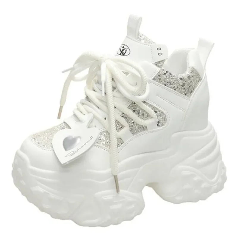 10.5CM Women Casual Platform Sneakers High Heels New Autumn Sports Leather Shoes Bling Trainers Chunky Sneaker Zapatos Mujer