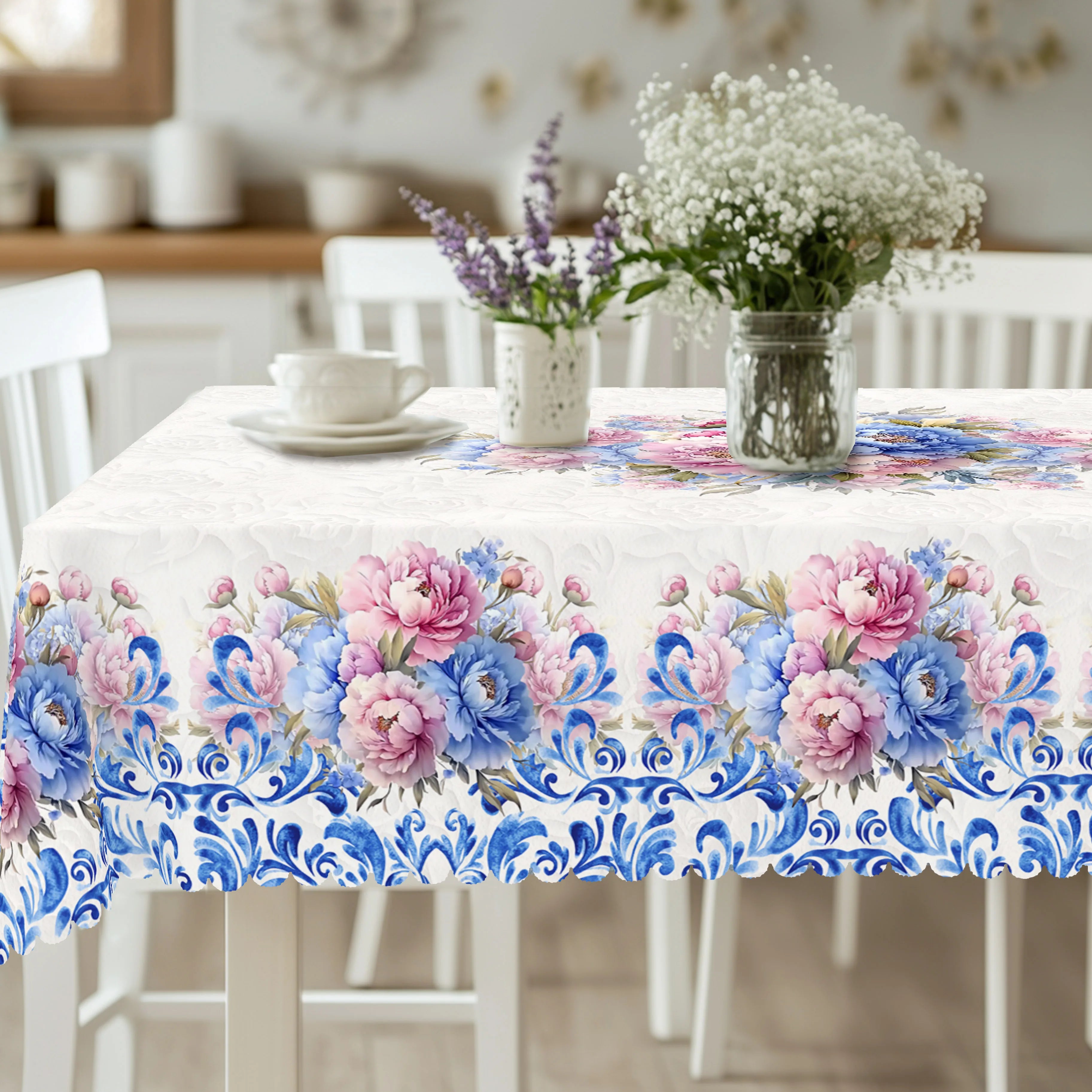 1 Piece of Floral Round Tablecloth, 5 Sizes Available, Blue Blue and White Porcelain Pattern Printed Tablecloth, Edge Embossing Process, Spring Garden Tablecloth Decoration, Tablecloth for Daily Home Kitchen, Terrace, Spring