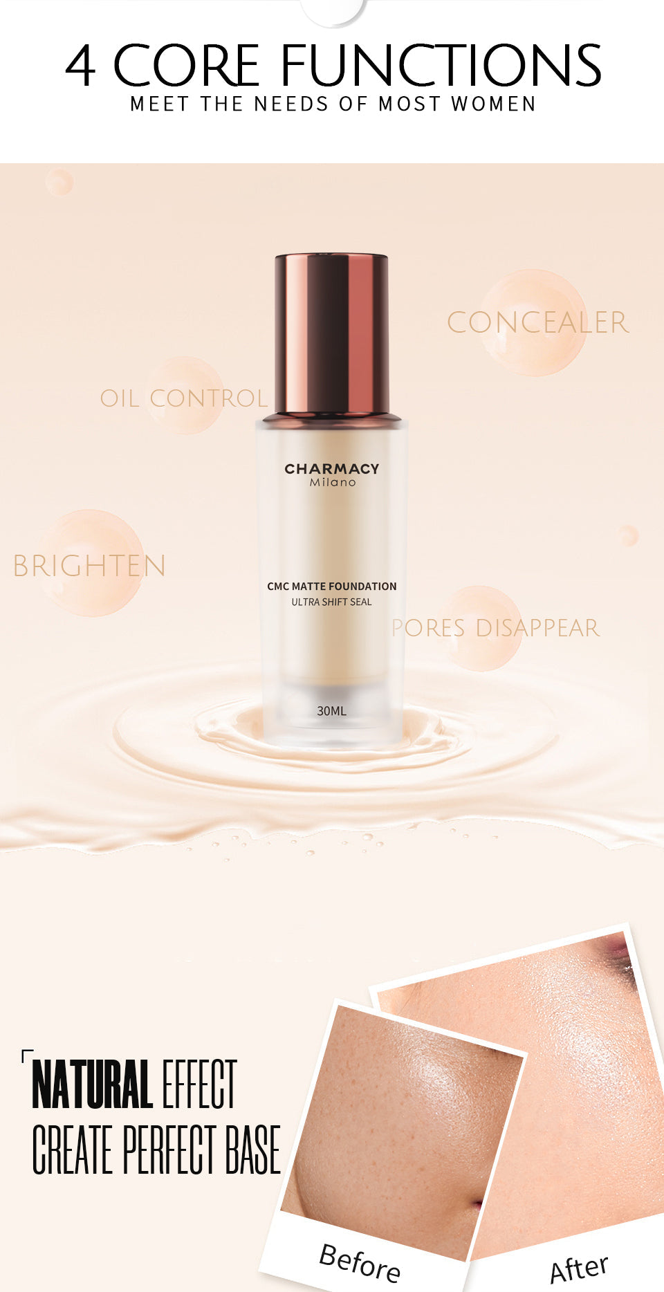 CHARMACY Foundation Makeup Base Liquid Concealer Professional Makeup Long Lasting Oil Control Matte Liquid Foundation Cosmetics