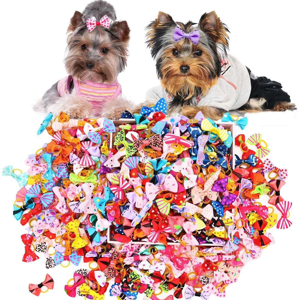 100PCS Puppy Bow Handmade Movable Pet Dog Grooming Hair Accessories Dog Bows With Rubber Band For Small Dog and Cat Pet Products