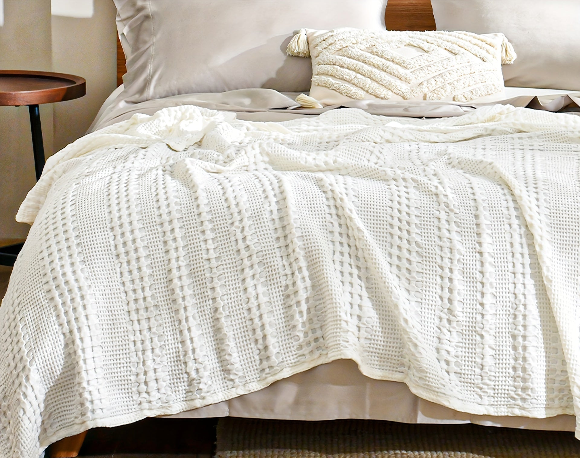 1 Pc Cooling Bamboo Fiber Cotton Blend Waffle Blanket - Lightweight Breathable Blanket For Hot Sleepers, Luxury Throws For Bed, Couch And Sofa