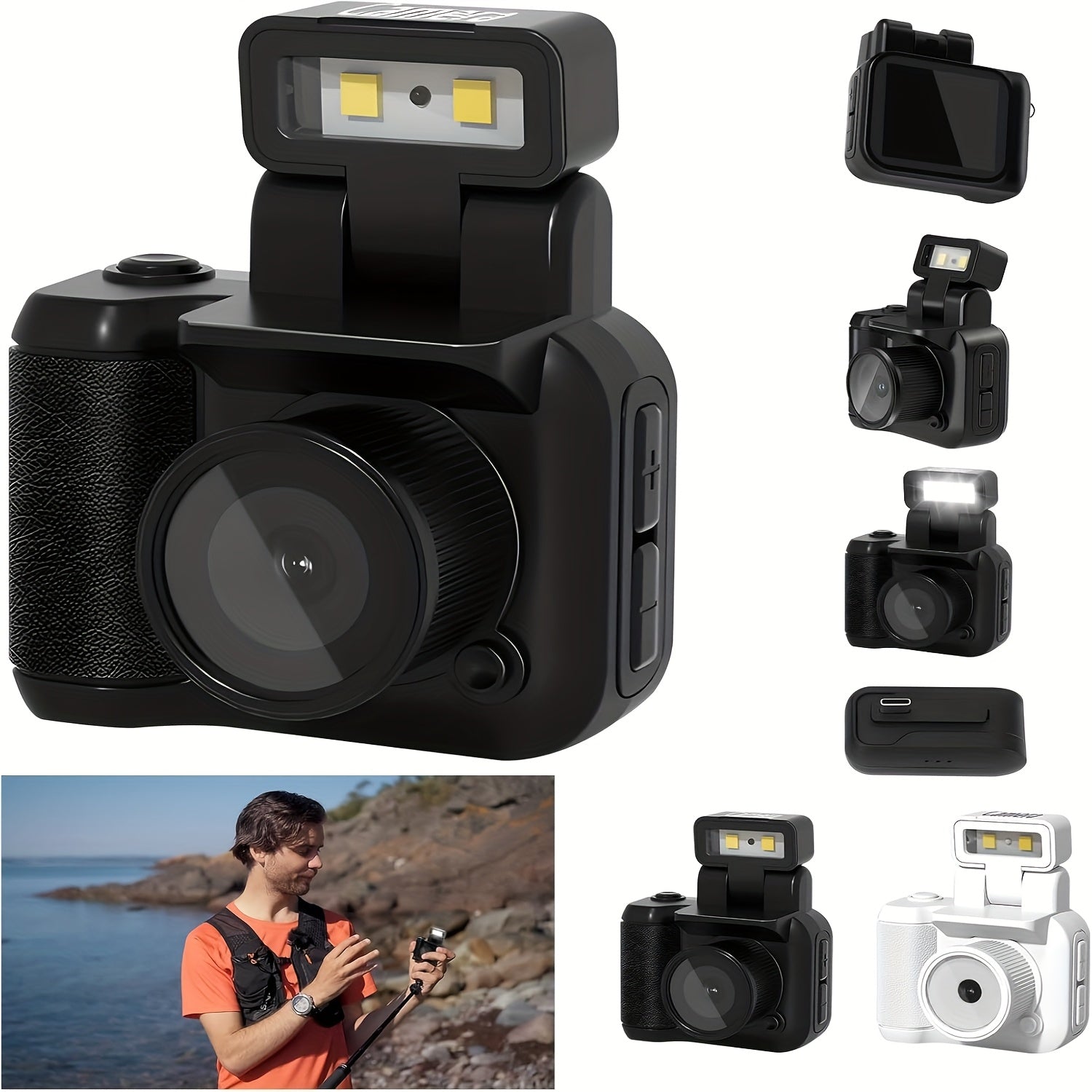 1080P HD Mini Digital Camera with LED Flash, Keychain Attachment, and 16GB Memory Card – Compact Retro Instant Camera for Travel, Holidays, and Everyday Use (White/Pink/Black), Mini Camera